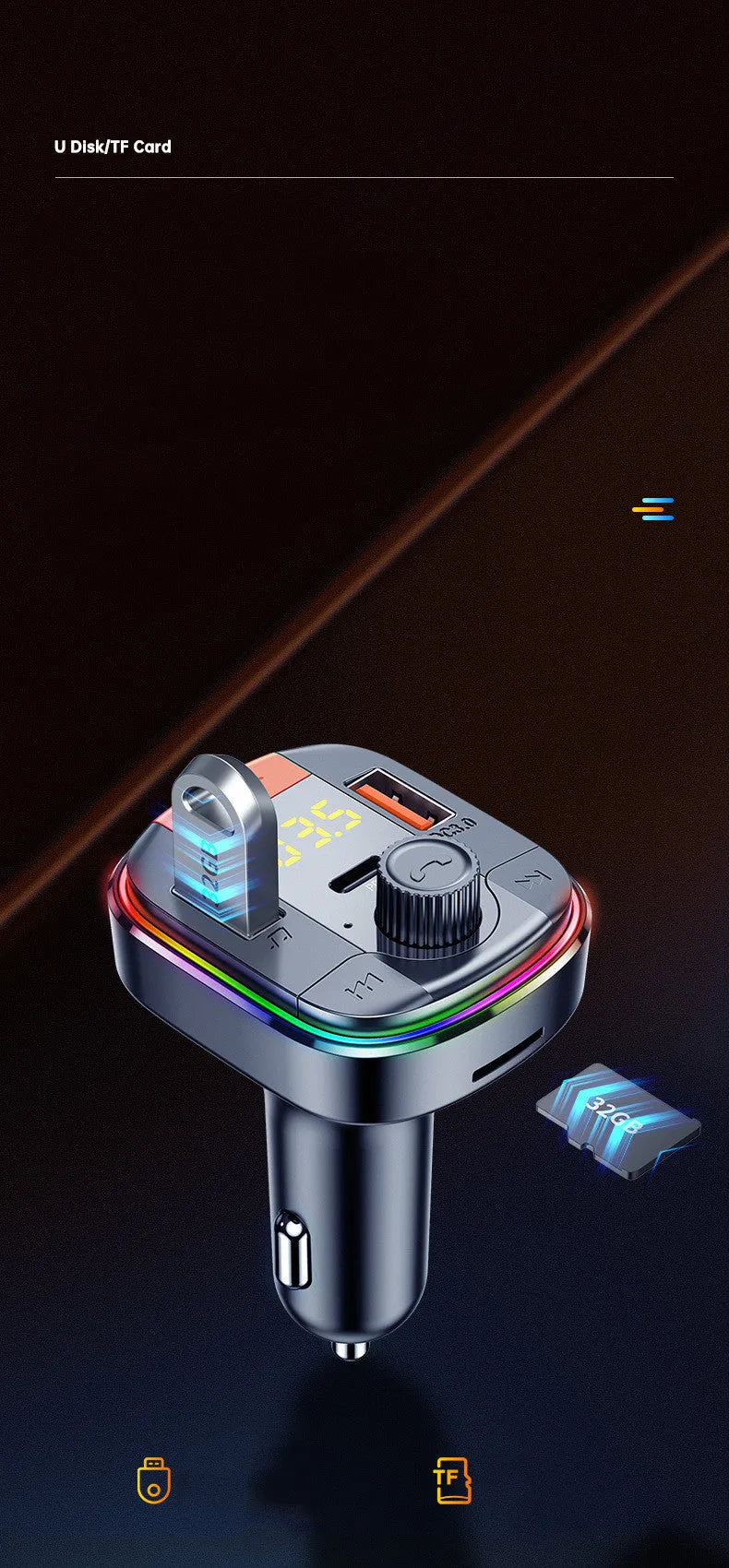 Black car Bluetooth MP3 player and fast charger with LED light for cigarette lighter socket