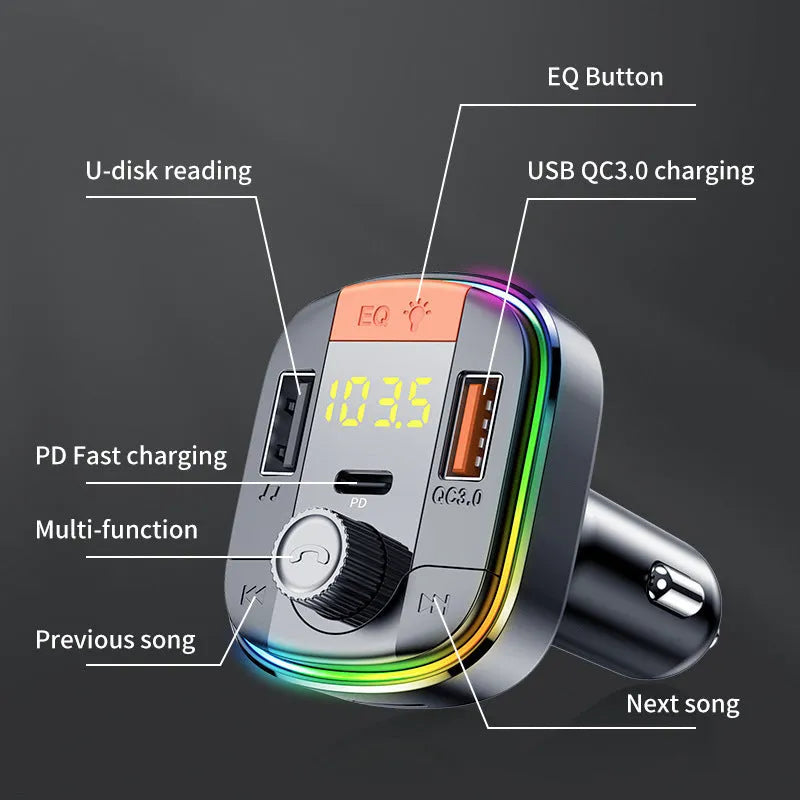 Black car Bluetooth MP3 player and fast charger with LED light for cigarette lighter socket