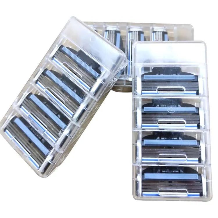 Gillette Front Speed 3 razor and eight blue triple-layer replacement blades on a white background.