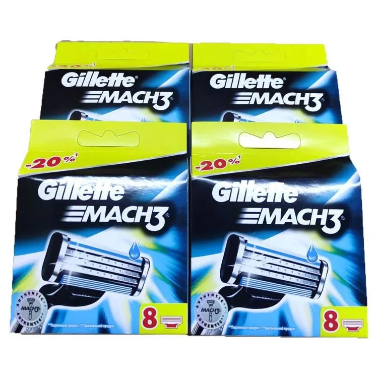 Gillette Front Speed 3 razor and eight blue triple-layer replacement blades on a white background.