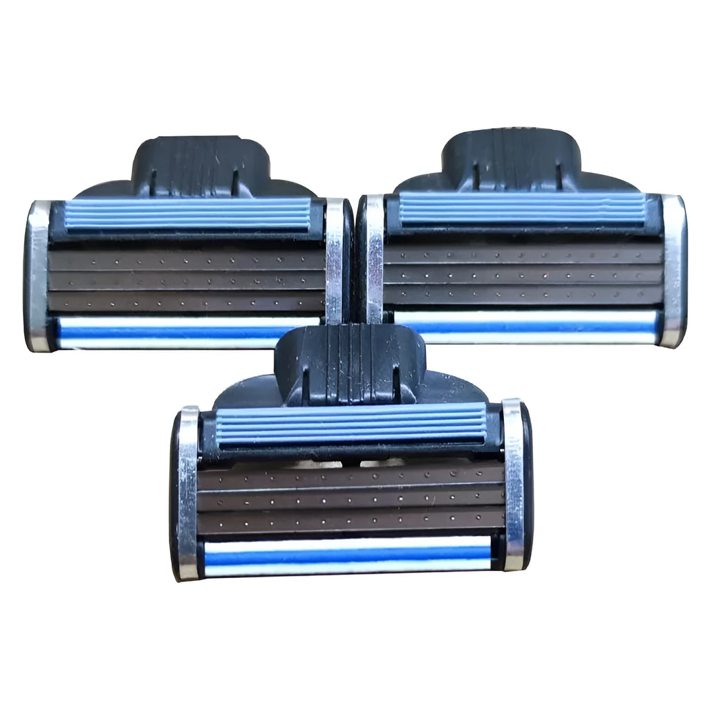 Gillette Front Speed 3 razor and eight blue triple-layer replacement blades on a white background.