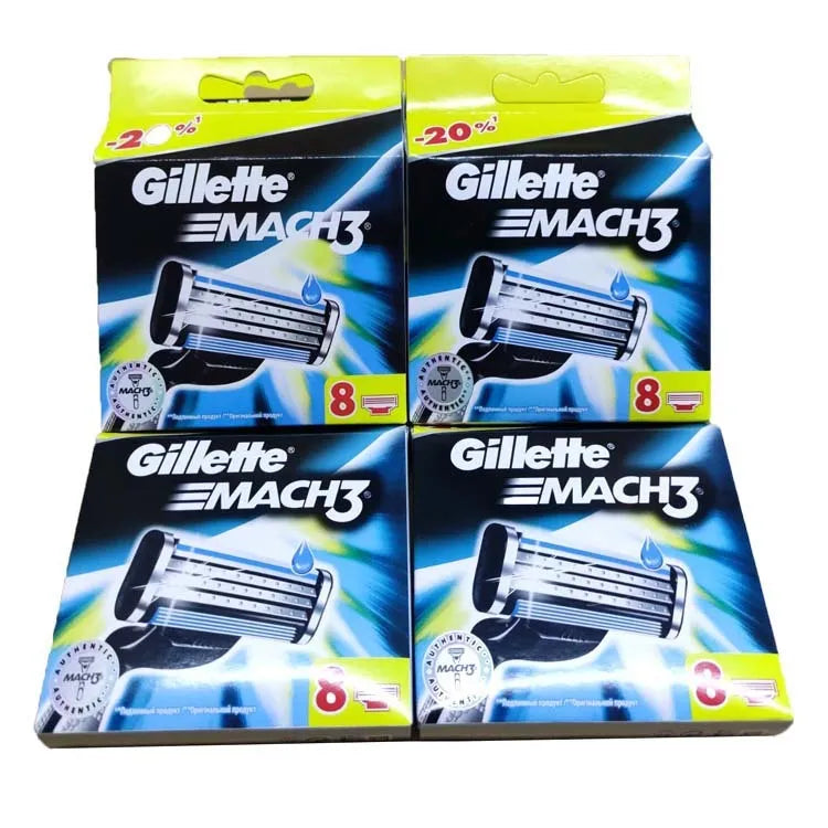 Gillette Front Speed 3 razor and eight blue triple-layer replacement blades on a white background.