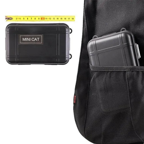 Black shockproof case open to show 13-piece stainless steel outdoor survival kit with tools and emergency supplies.