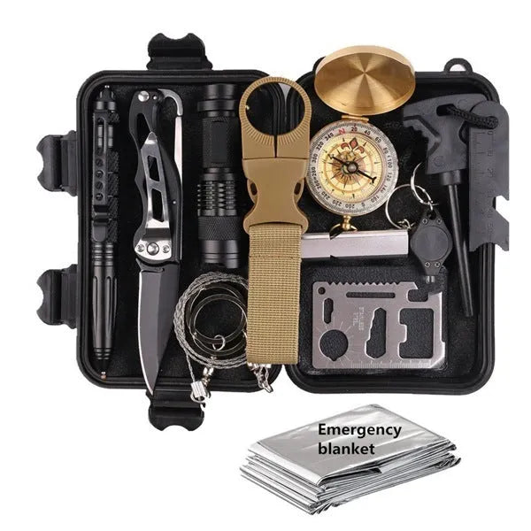Black shockproof case open to show 13-piece stainless steel outdoor survival kit with tools and emergency supplies.