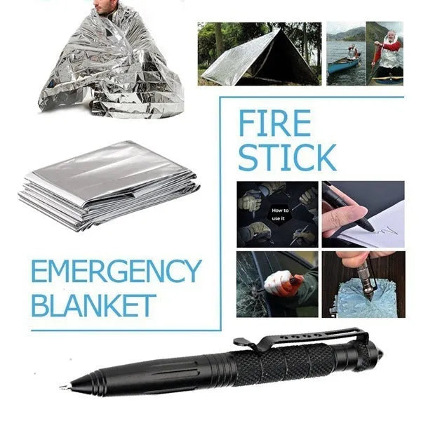 Black shockproof case open to show 13-piece stainless steel outdoor survival kit with tools and emergency supplies.