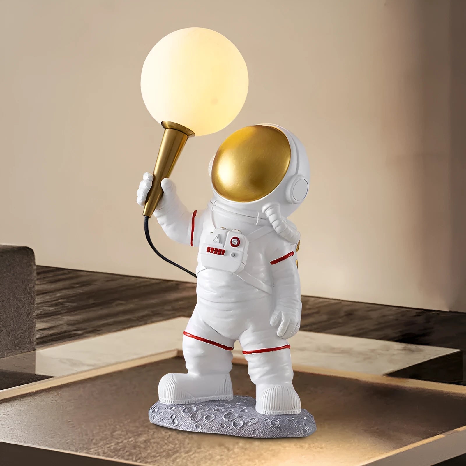 White astronaut desk lamp in standing, seated and wall-mounted styles for children's rooms