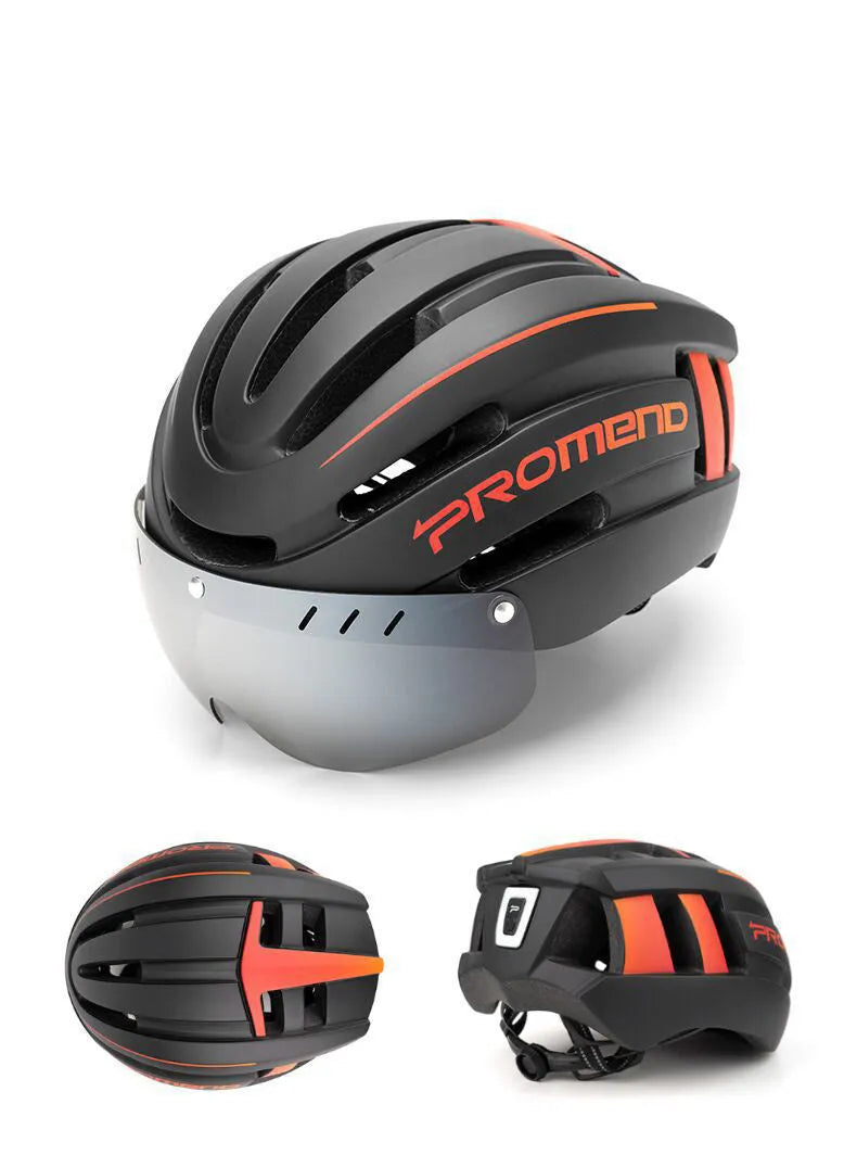 Mountain bike helmet in black with orange accents, integral moulding EPS PC construction, LED taillight at rear, size L 57-62 cm