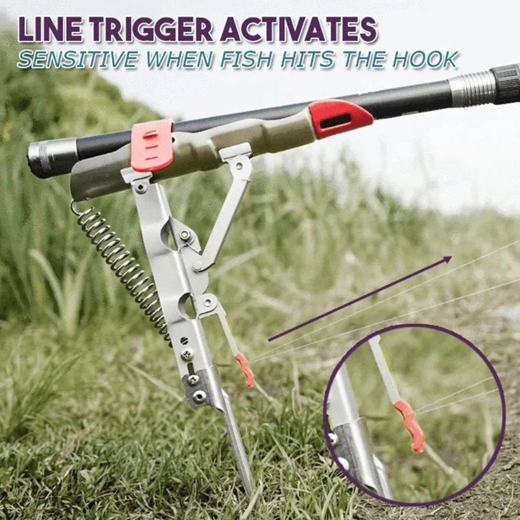 Silver red automatic fishing rod holder with 32cm storage and triangular plug inserted in soil for wind stability