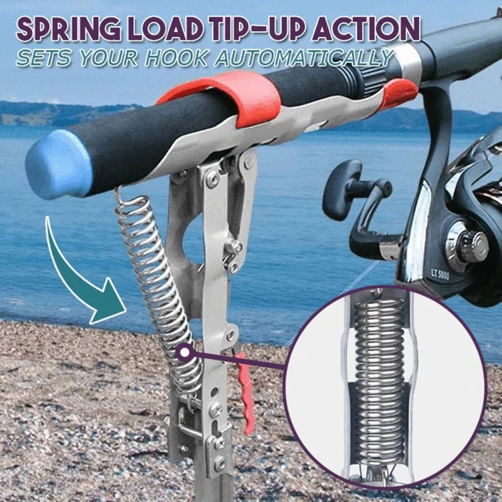 Silver red automatic fishing rod holder with 32cm storage and triangular plug inserted in soil for wind stability