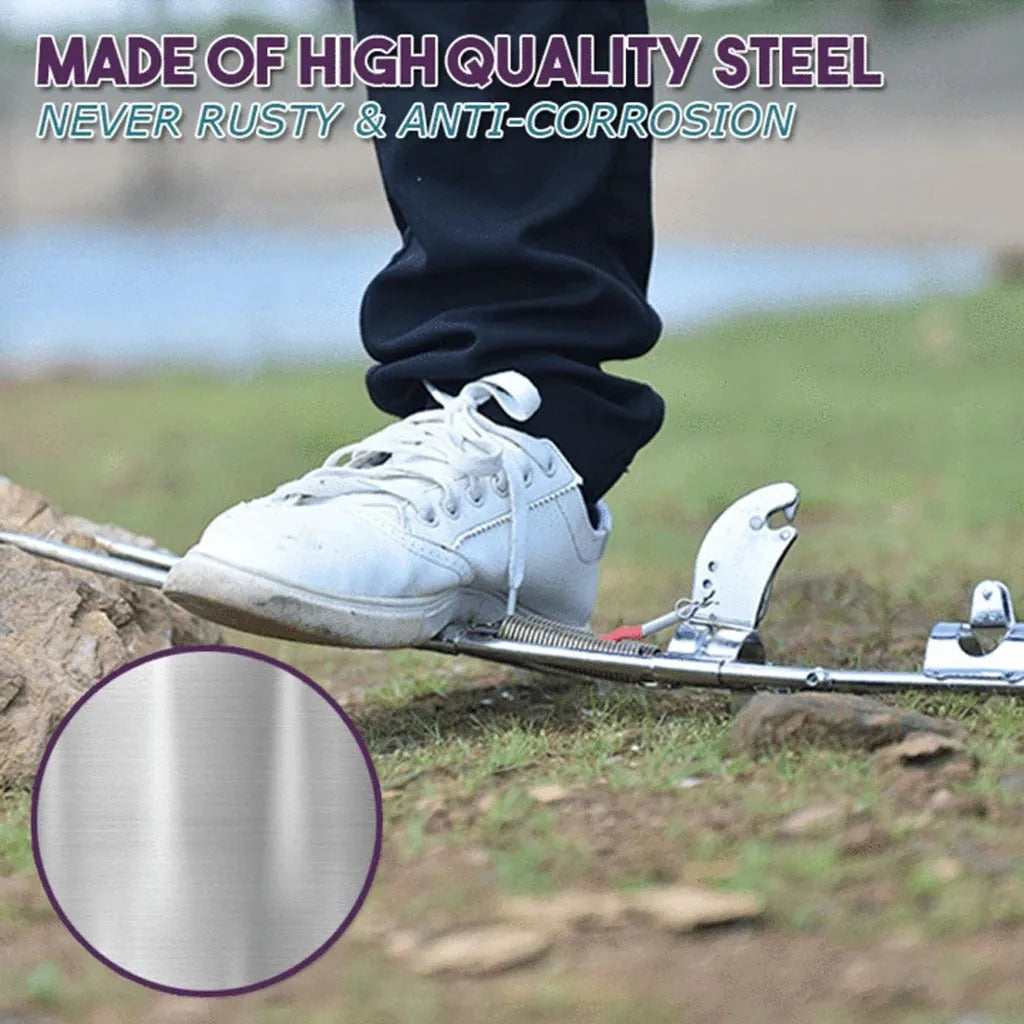 Silver red automatic fishing rod holder with 32cm storage and triangular plug inserted in soil for wind stability