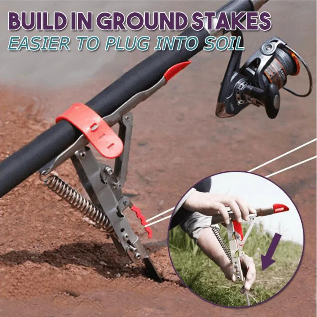 Silver red automatic fishing rod holder with 32cm storage and triangular plug inserted in soil for wind stability
