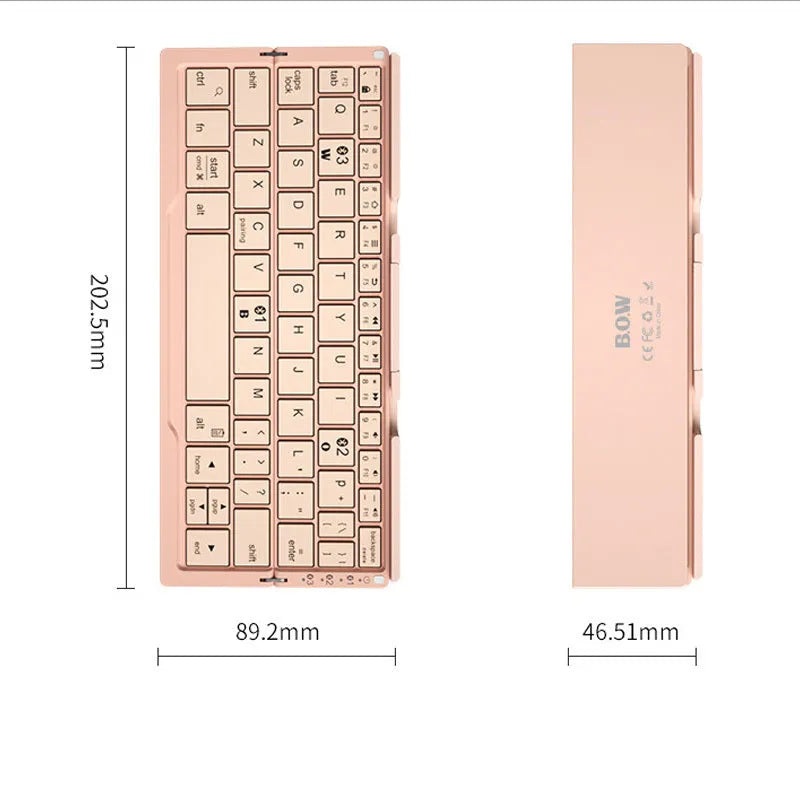 Silver and black grey foldable Bluetooth keyboard open with stand holding a mobile phone