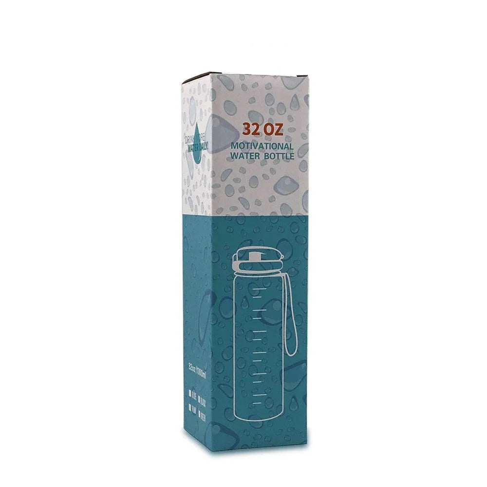 1L Tritan sports water bottle with time markers and flip-top lid in blue-red gradient colour