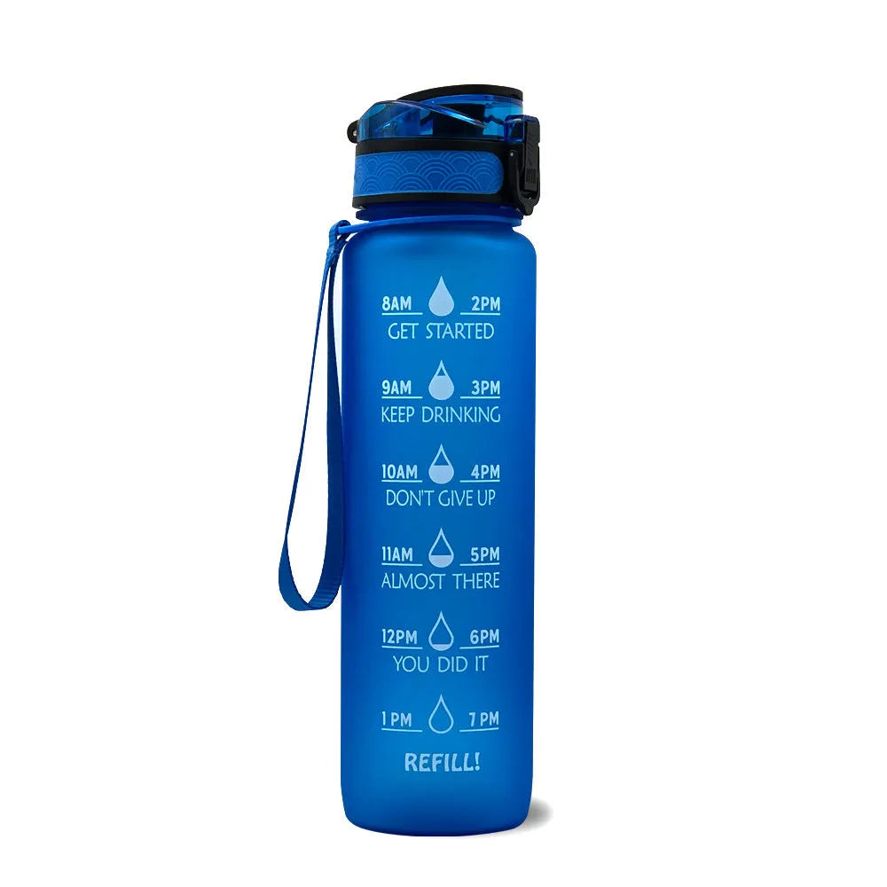 1L Tritan sports water bottle with time markers and flip-top lid in blue-red gradient colour