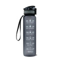 1L Tritan sports water bottle with time markers and flip-top lid in blue-red gradient colour