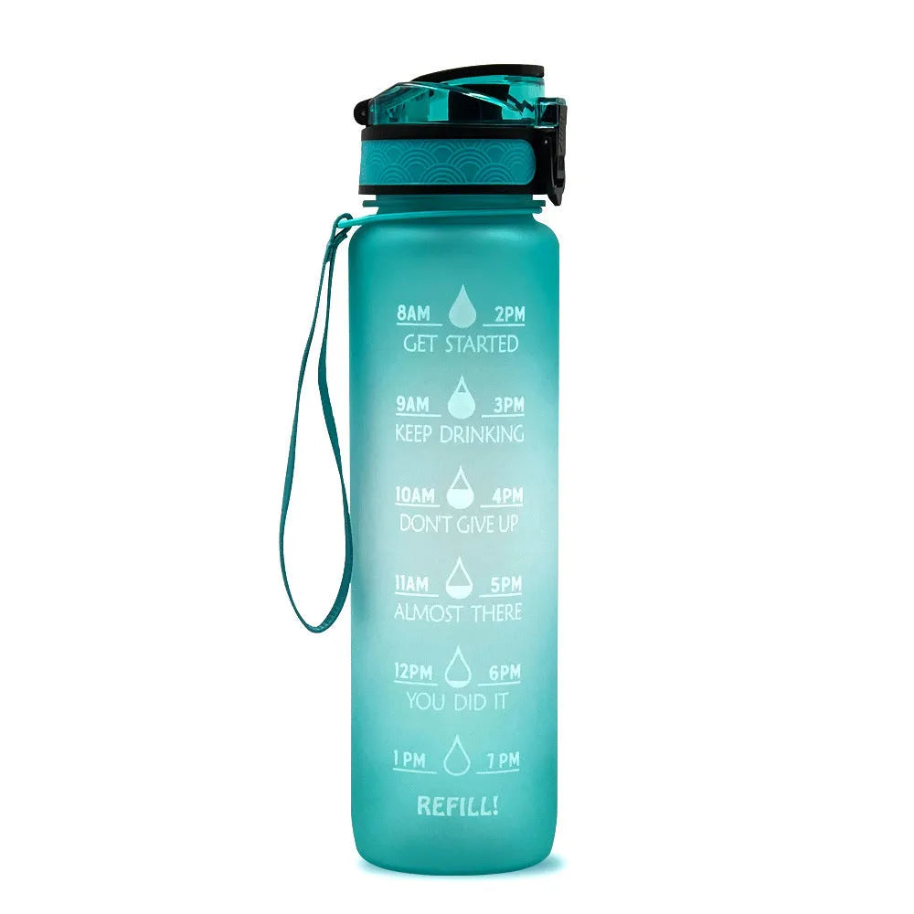 1L Tritan sports water bottle with time markers and flip-top lid in blue-red gradient colour