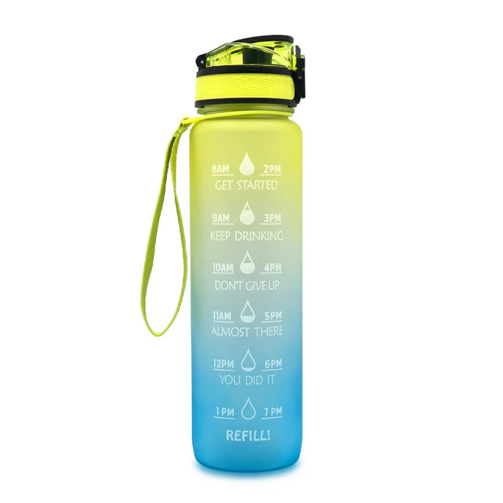 1L Tritan sports water bottle with time markers and flip-top lid in blue-red gradient colour