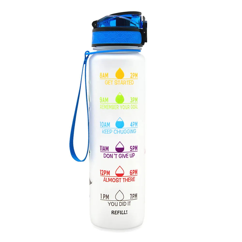 1L Tritan sports water bottle with time markers and flip-top lid in blue-red gradient colour