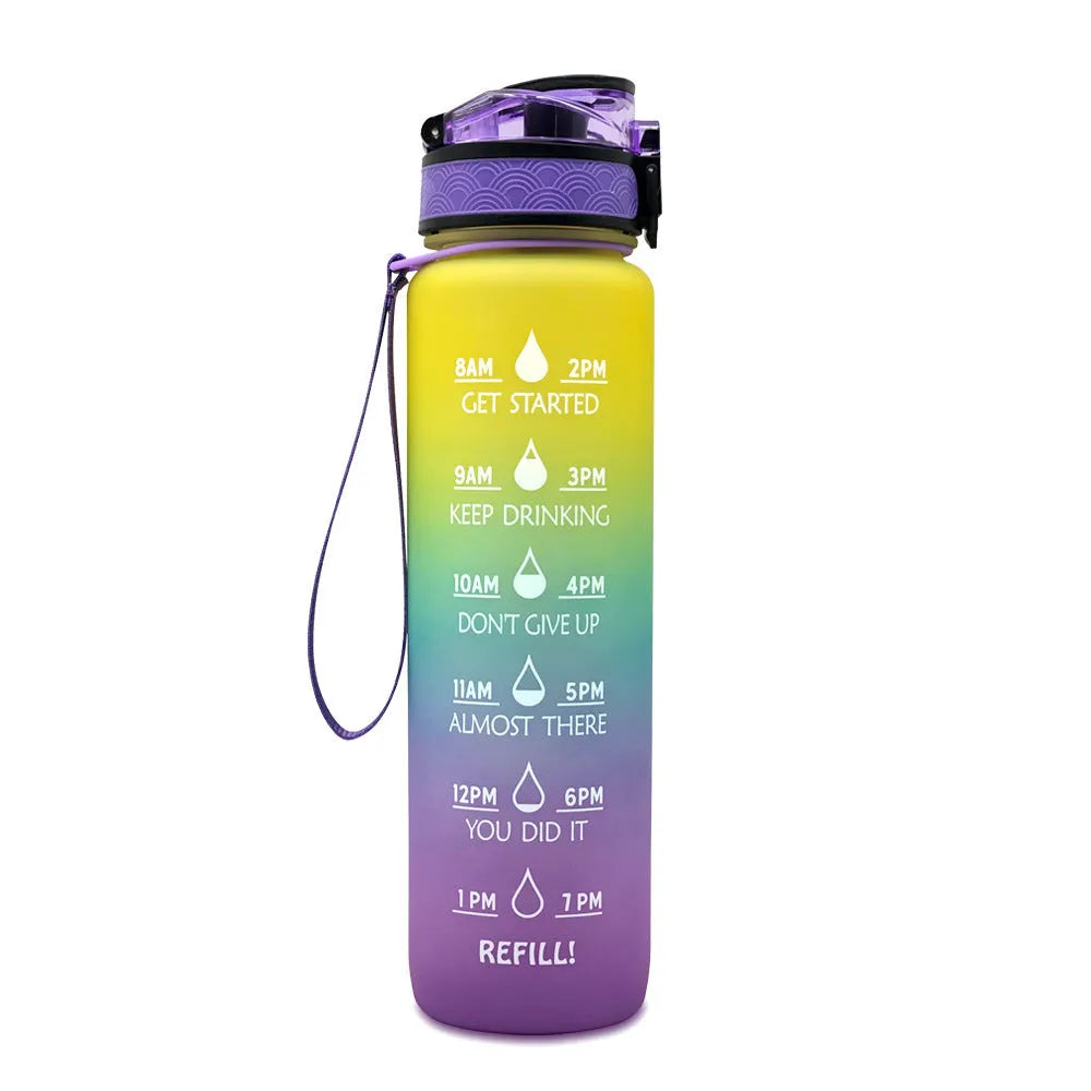 1L Tritan sports water bottle with time markers and flip-top lid in blue-red gradient colour