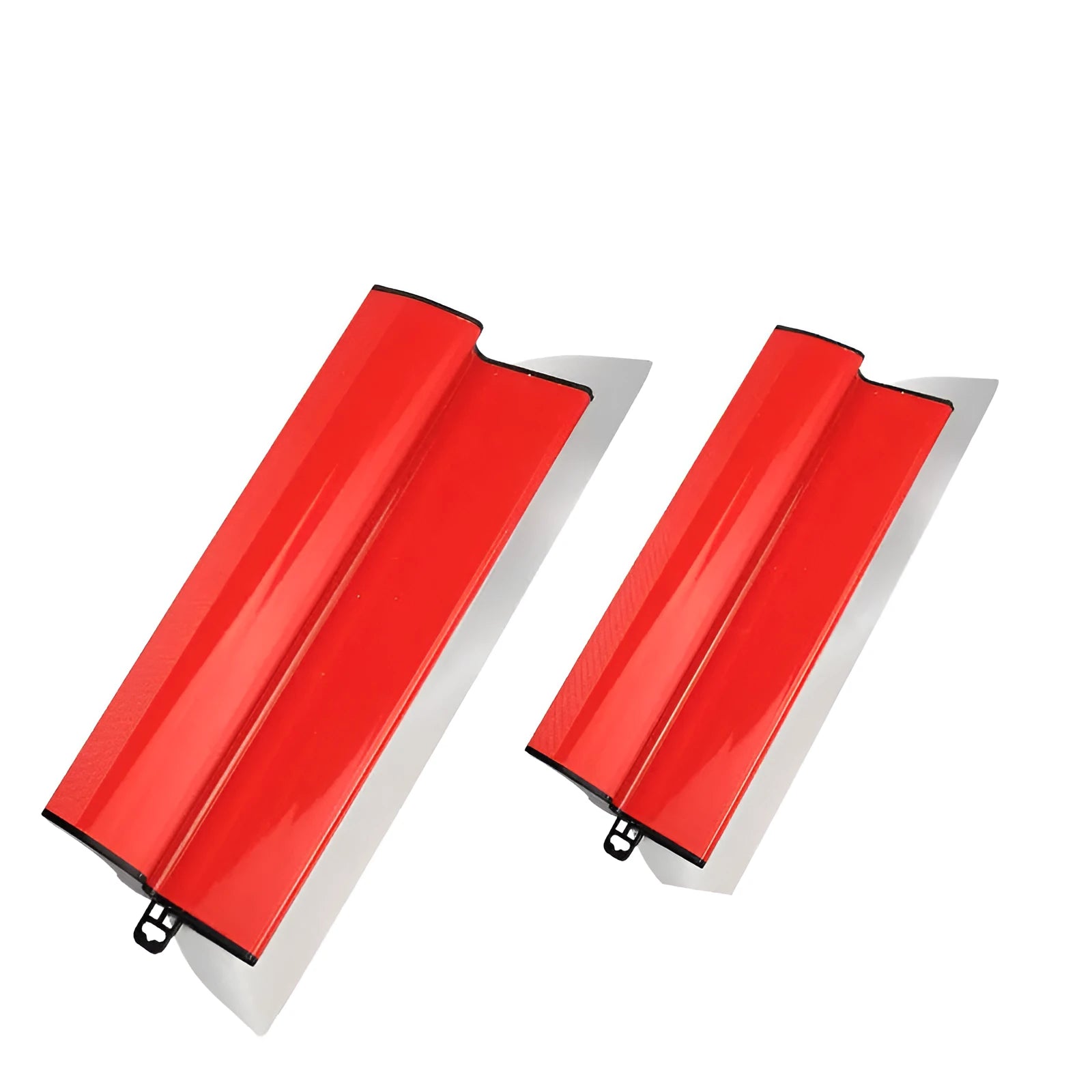 Red handle 40 cm long levelling scraper with stainless steel blade for wall putty and wallpaper.