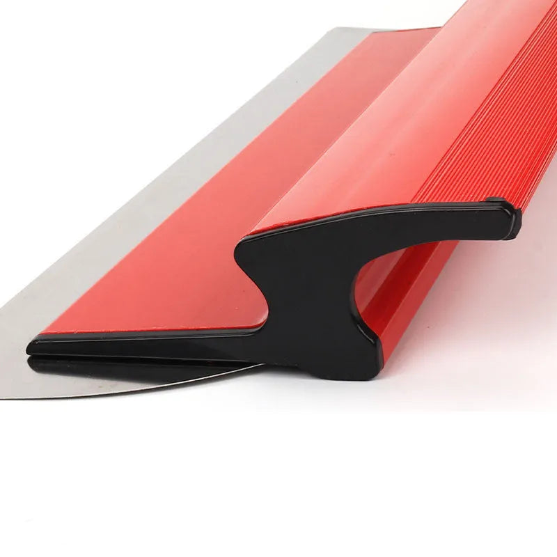 Red handle 40 cm long levelling scraper with stainless steel blade for wall putty and wallpaper.