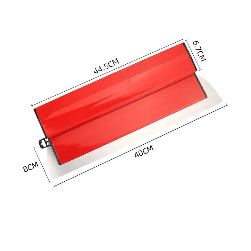 Red handle 40 cm long levelling scraper with stainless steel blade for wall putty and wallpaper.
