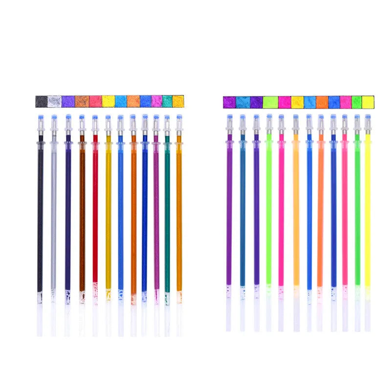 Set of Shiny Metal Quicksand gel pens in assorted metallic and pearlescent colours on dark paper.