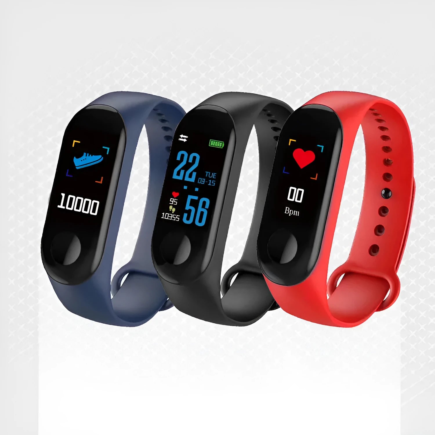 M3 smart bracelet with colour screen showing fitness data on a black TPE wristband.