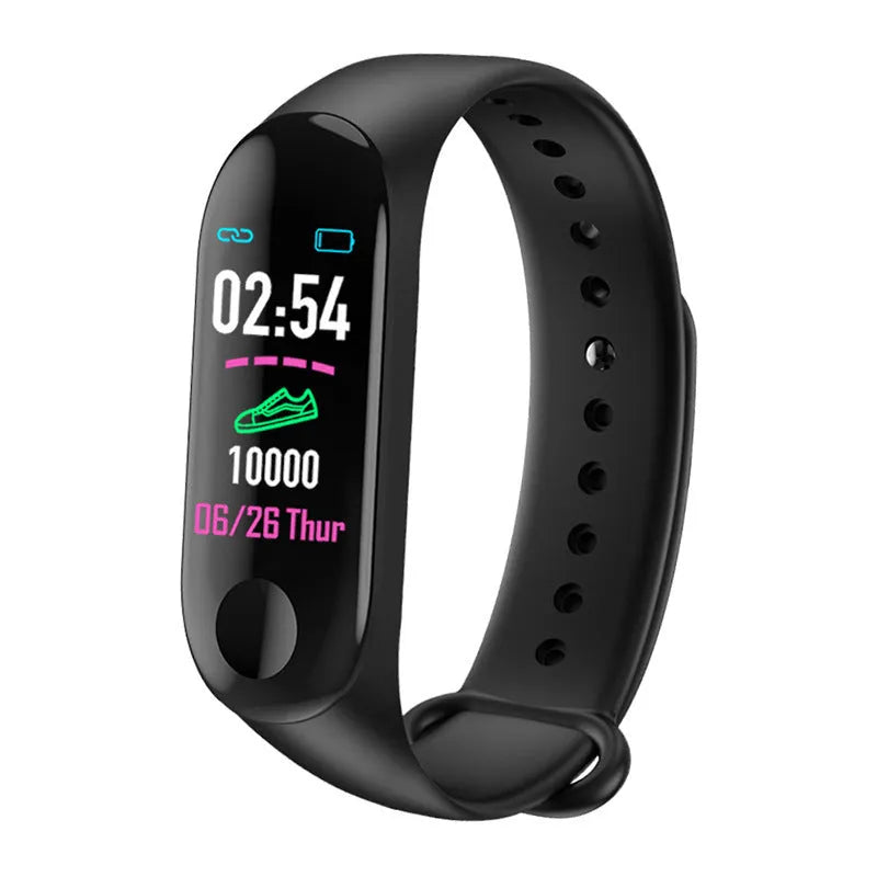 M3 smart bracelet with colour screen showing fitness data on a black TPE wristband.