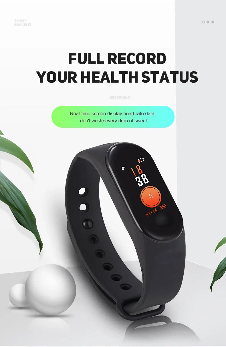 M3 smart bracelet with colour screen showing fitness data on a black TPE wristband.
