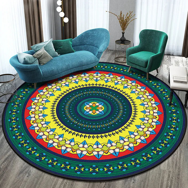 Round national style polyester rug in a living room setting.