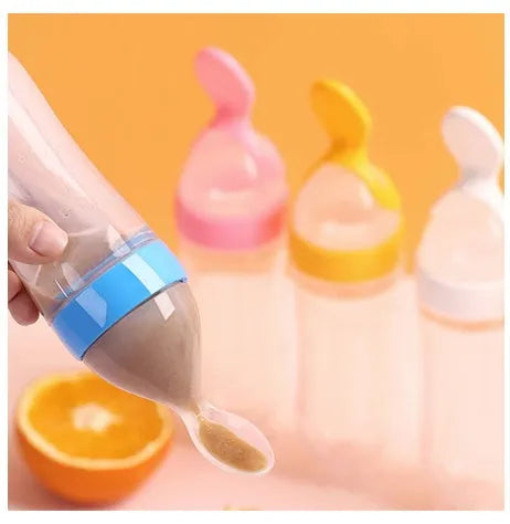 Baby silicone bottle feeder spoon with PP head for medicine, in blue, pink, yellow, or green colours