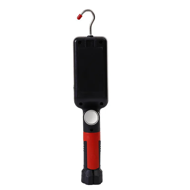 Black portable COB LED flashlight with magnet hook showing USB charging port