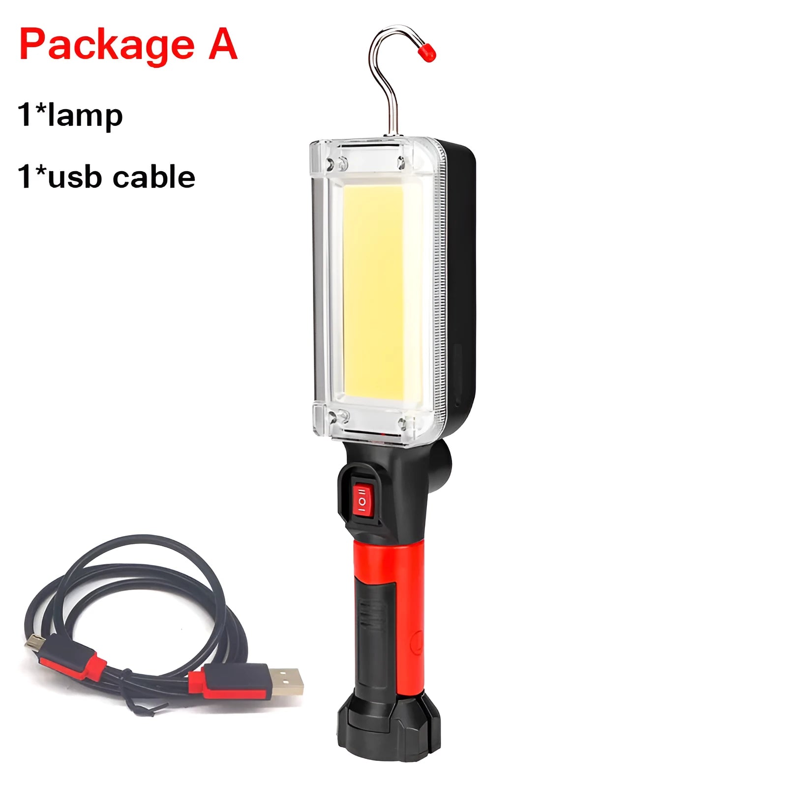 Black portable COB LED flashlight with magnet hook showing USB charging port