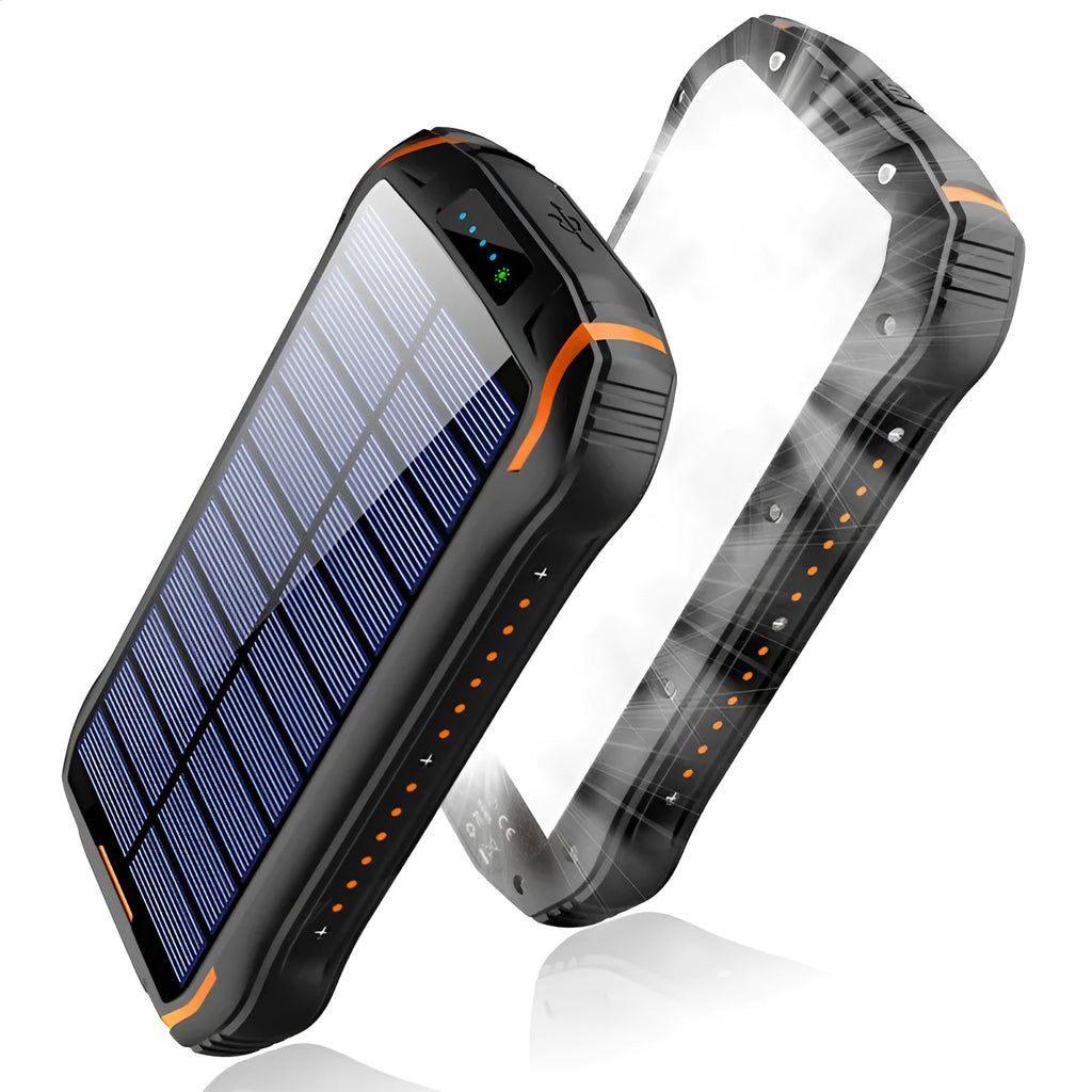 Orange solar power bank with emergency camping light showing USB ports and solar panel