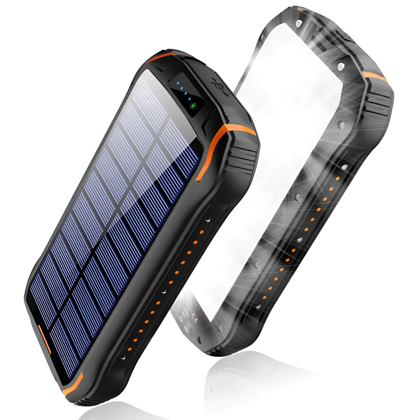 Orange solar power bank with emergency camping light showing USB ports and solar panel