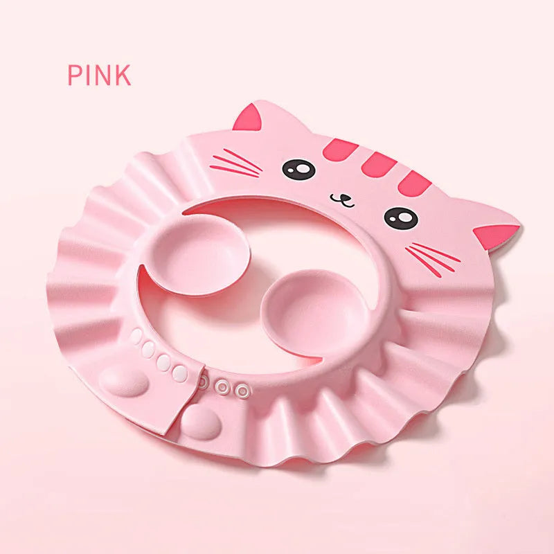Baby shower cap with ear protectors in cartoon pattern colours on white background