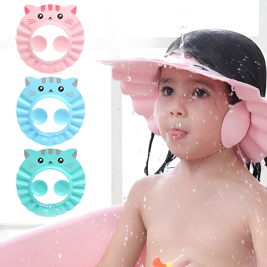 Baby shower cap with ear protectors in cartoon pattern colours on white background