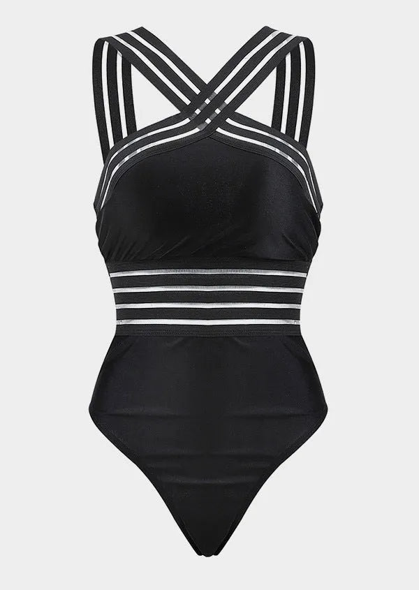 High waist black one-piece swimsuit with leopard print stitching for women