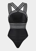 High waist black one-piece swimsuit with leopard print stitching for women