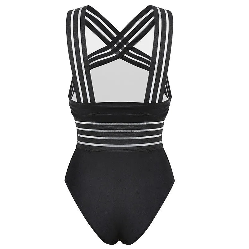 High waist black one-piece swimsuit with leopard print stitching for women