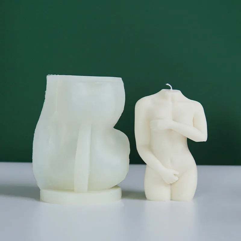 Silicone mould for making shy female body shaped candles in three different style options.