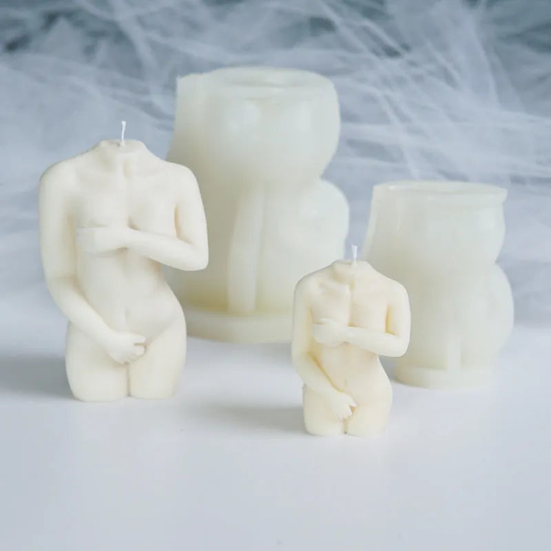 Silicone mould for making shy female body shaped candles in three different style options.