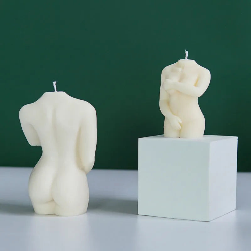 Silicone mould for making shy female body shaped candles in three different style options.