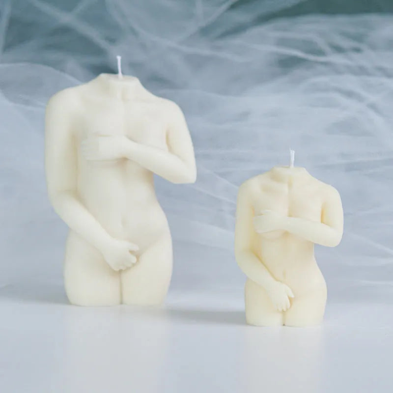 Silicone mould for making shy female body shaped candles in three different style options.