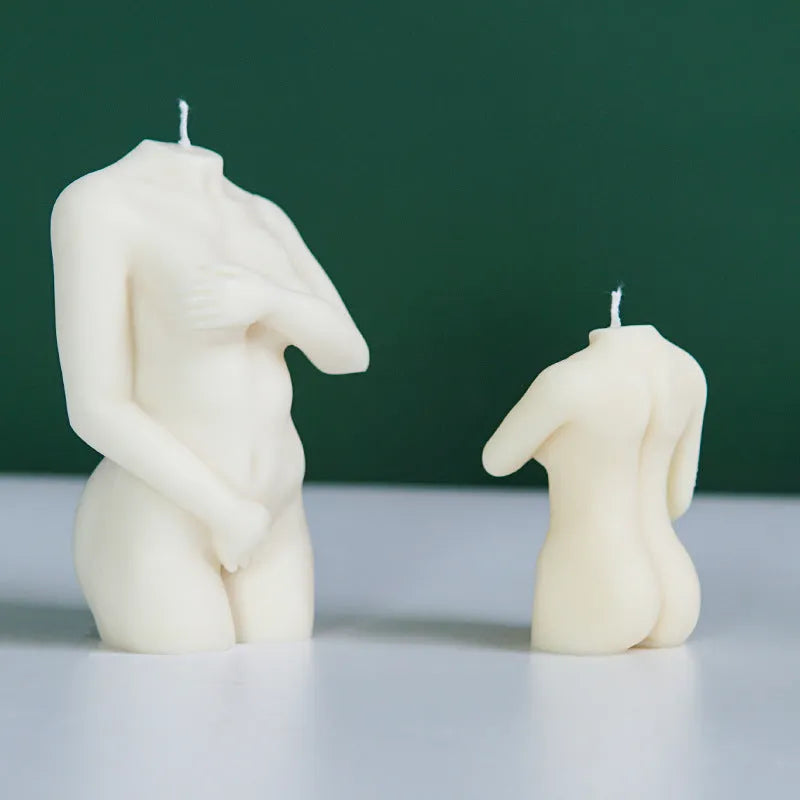 Silicone mould for making shy female body shaped candles in three different style options.