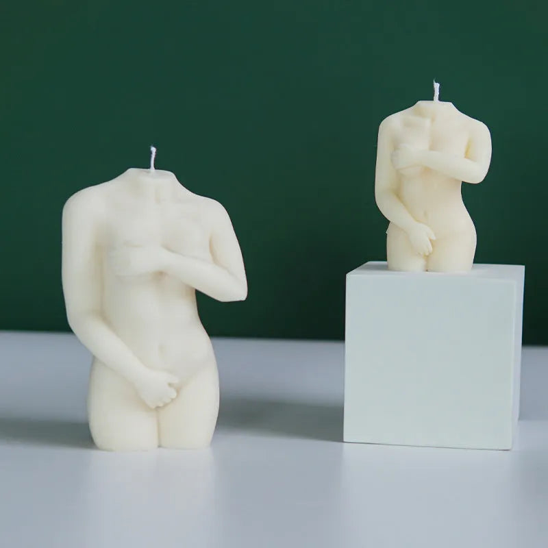 Silicone mould for making shy female body shaped candles in three different style options.