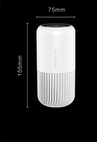 Compact black USB air purifier for car and desktop use with HEPA and UV filtration.
