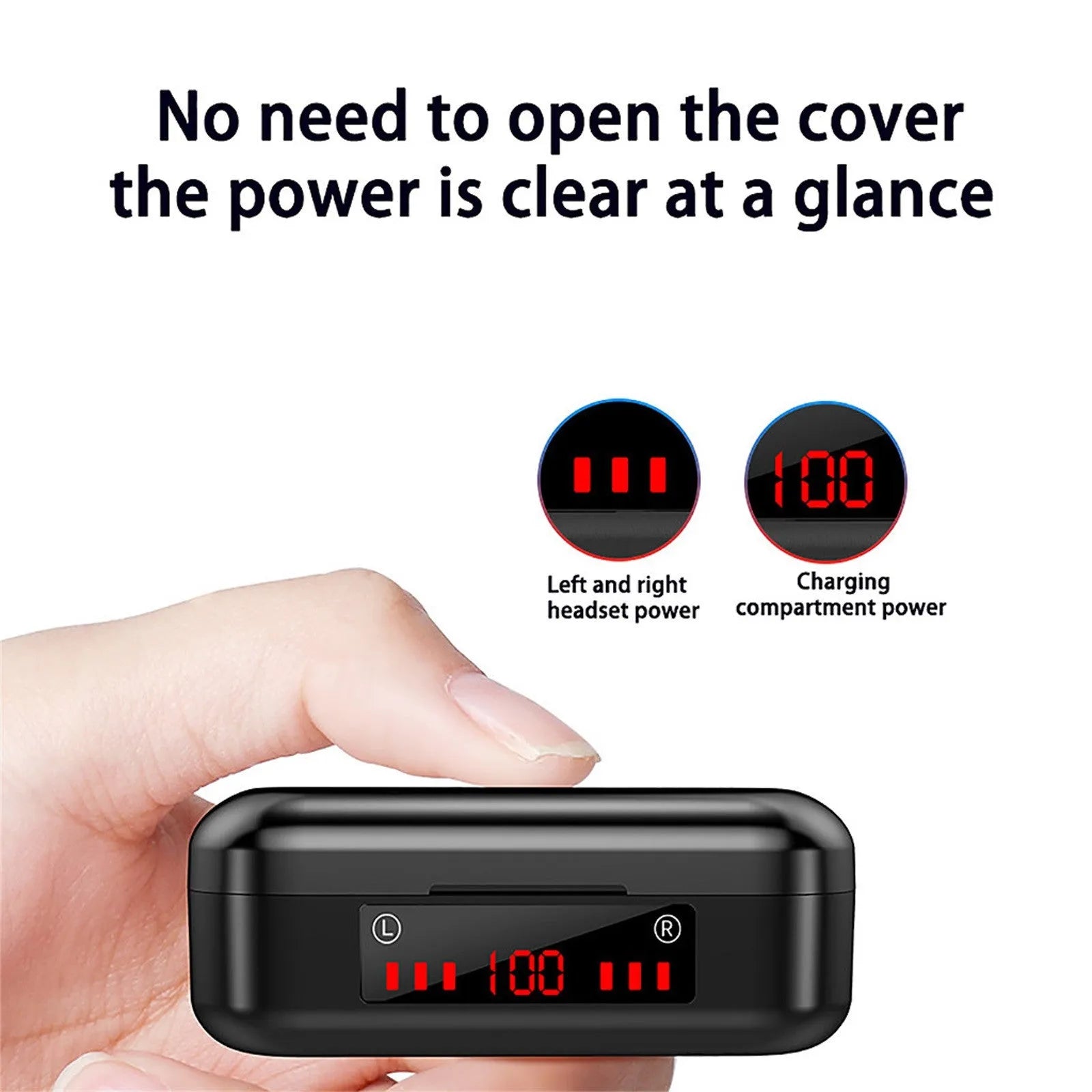 V7 LED button version wireless Bluetooth earbuds with charging case and three pairs of silicone ear caps.