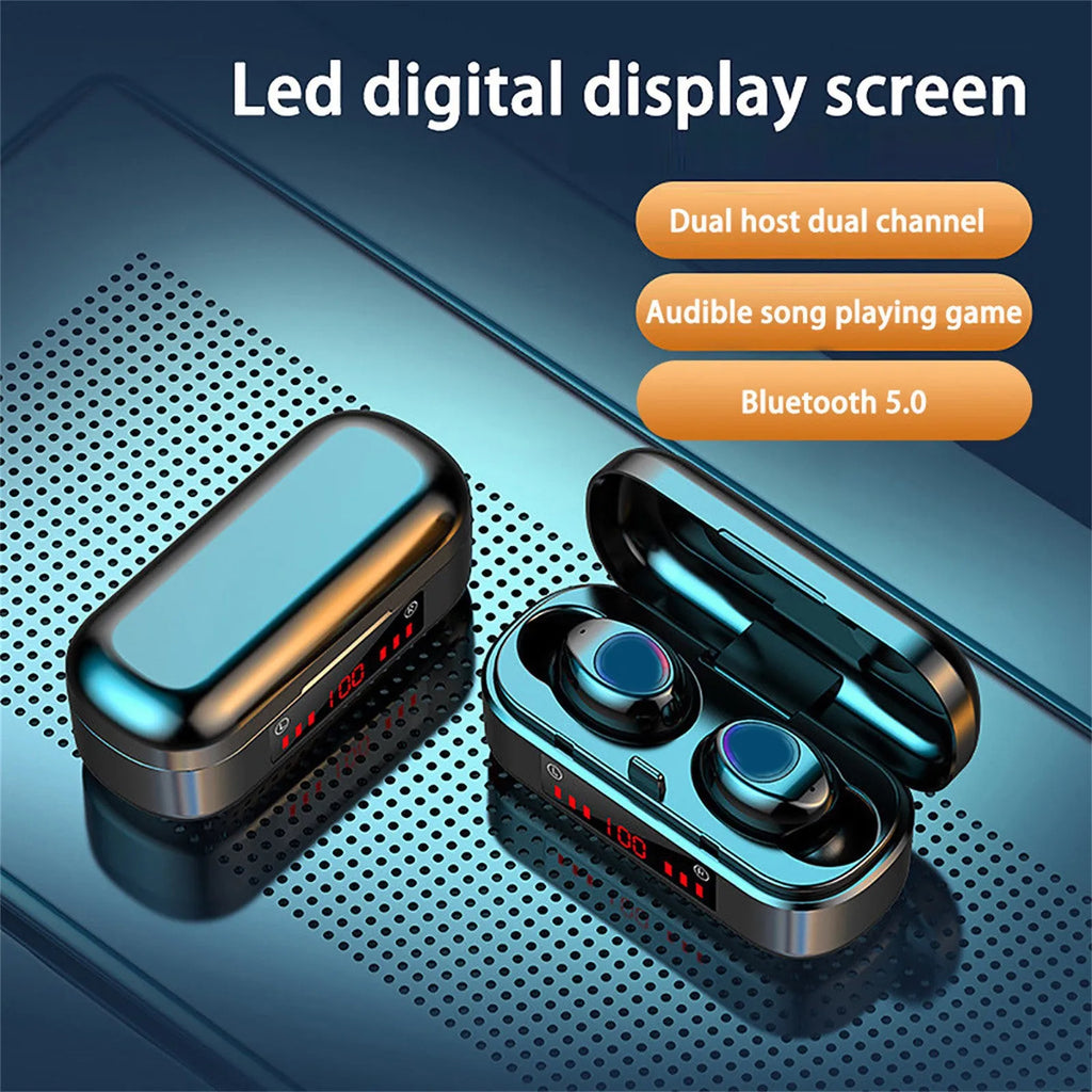 V7 LED button version wireless Bluetooth earbuds with charging case and three pairs of silicone ear caps.